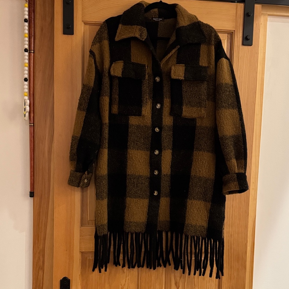 Nasty Gal Black and Tan Plaid Fringe Coat